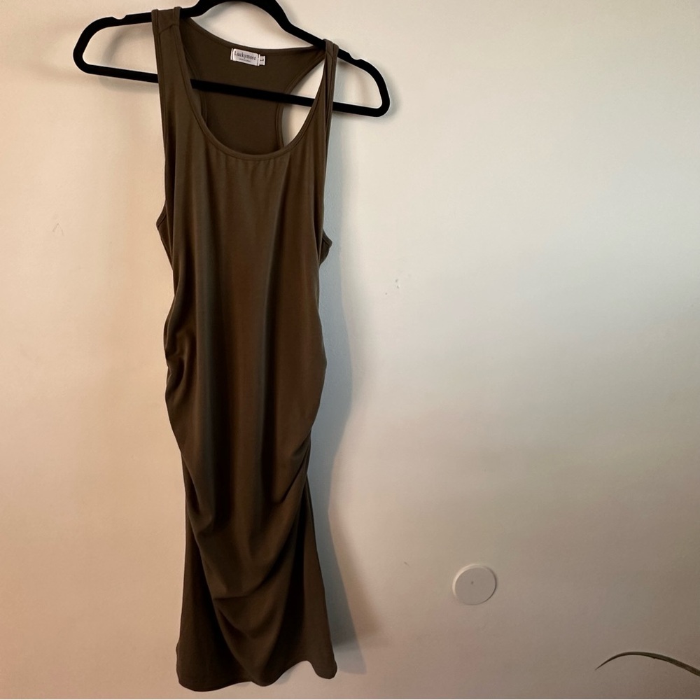 Size large, olive color dress. Maxi, long, sinched. Can be used for maternity.